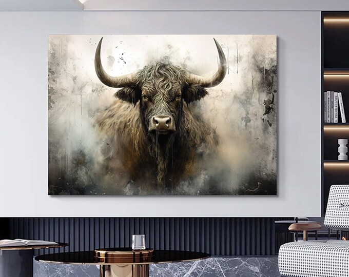 Bull canvas painting,Colorful bull,Bull painting art,Bull wall decor,Highland cow,Bull Abstract Canvas,Animal Painting,Big bull art