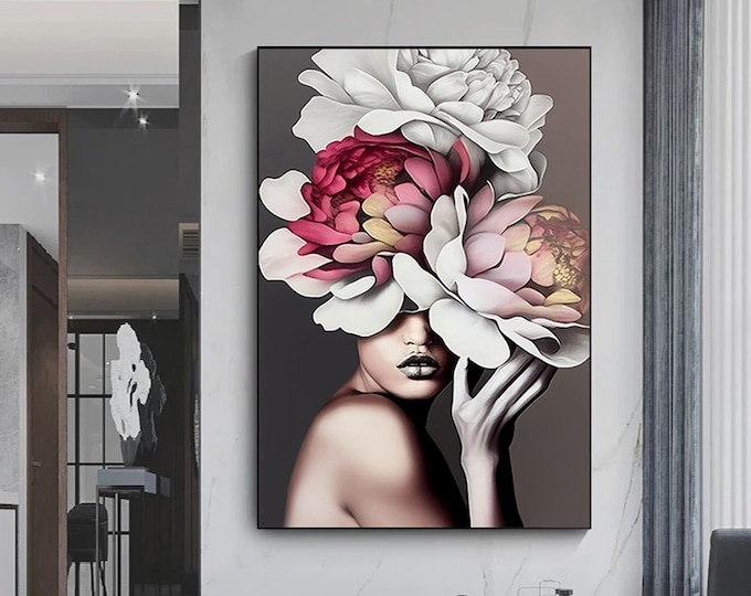 Flower Woman Wall Art, Rose Head Woman, Fashion Woman, Blooming Head Print, Head of Flowers Canvas,Ready to Hang Decoration