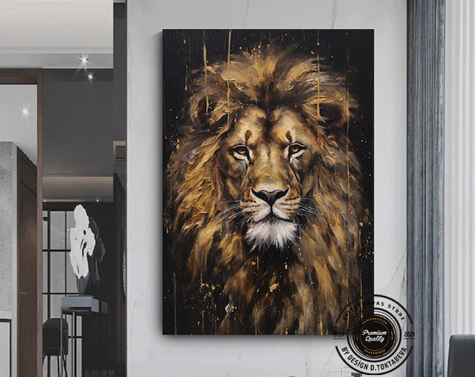 The Lion King Wall Art, Lion Black Gold Abstract Painting Extra Large Canvas Painting, Game Room,Canvas Wall Decor Ready to Hang