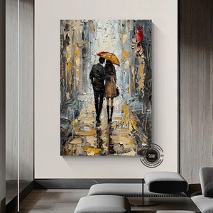 Der Spaziergang eines Paares im Regen Wandkunst, Regenschirm-Paar-Wand-Dekor, emotionales Ölgemälde-Plakat