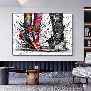 Couple Wearing Sneakers Canvas Wall Art, Love Couple Graffiti Poster Print, Graffiti Decoration  CANVAS READY to Hang