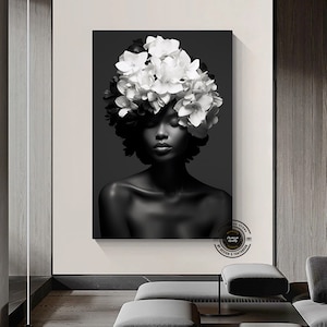 Schwarze Frau Kopf Blumen Wandkunst, afroamerikanische Kunst, schwarze Kunst, schwarzes Mädchen Druck, Frau Kunst Dekor, Schönheit schwarze Frau