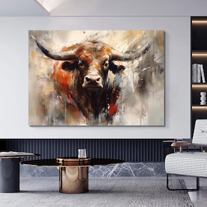 Pintura em tela de touro, touro colorido, arte de pintura de touro, decoração de parede de touro, vaca das montanhas, tela abstrata de touro, pintura de animais, arte de touro grande