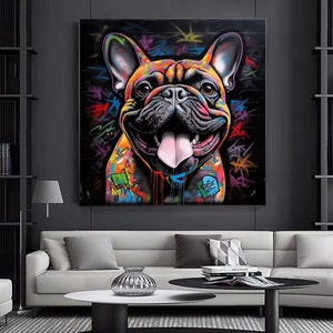 Impresión de lienzo de perro, perro de arte de graffiti, decoración de perro de lienzo, lienzo de perro colorido, arte callejero, lienzo de animales, decoración del hogar