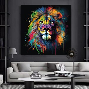May include: A colorful abstract painting of a lion's face with splashes of paint in the background.
