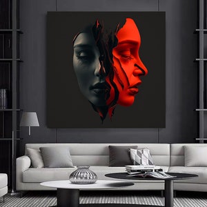 Two faces 3d red and gray style abstract art.Canvas wall decor,Minimalist Woman Canvas Painting,Girls Room Decor