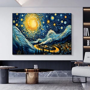 Große Wandkunst, Sternenhimmel Wandkunst, Mosaik Stil Leinwand, Van Gogh Stil Wandkunst, Mond Leinwand, Landschaft Leinwand,