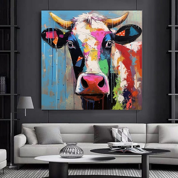 Cow canvas wall art. Colorful cow art, colorful animal wall decor,