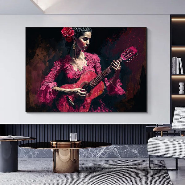 Canvas wall art of serene Spanish female musician in traditional red flamenco costume playing guitar.