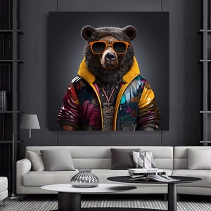 Brightly colored Bear, Bespectacled bear canvas wall art.Cute animal art.