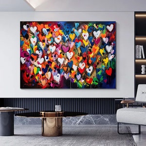 Banksy Graffiti Art: Colorful Hearts Canvas Print, Framed Wall Art