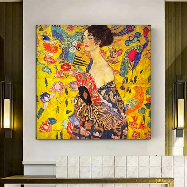 Gustav Klimt Canvas, Dame met Fan Print Reproductie, Klimt Lady Fan Wall Art, Lady met Fan door Gustav Klimt Art, Signora con Ventaglio