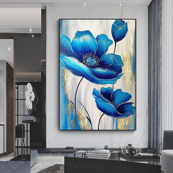 Blue Flowers Canvas Art, Flower Wall Decor, Floral Wall Art, Gold Canvas Print, Natural Wall Decor Luxury  Wall Decor