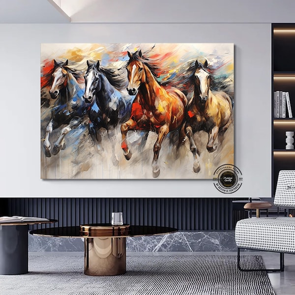 Extra Large Modern Abstract art geometry gold element animals running horses abstract canvas wall art.Horse wall canvas print painting.