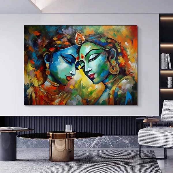 Radha Krishna Painting, Reproduction Art Canvas, India Traditional Printed, Lord Krishna and Radha Wall Decor, India Woman Poster,