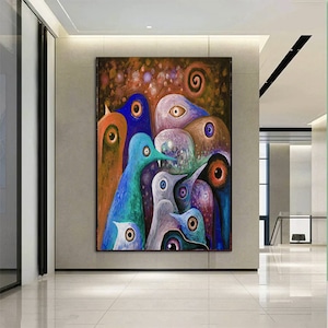 Impresiones en lienzo de pingüino colorido de animales de dibujos animados abstractos, pintura al óleo impresa en lienzo, cuadro decorativo de arte de la pared del hogar