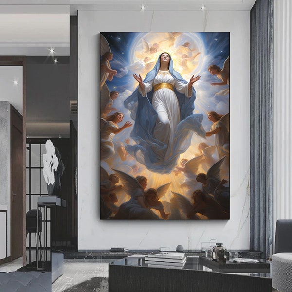 Arte de pared en lienzo de la Asunción Celestial de la Virgen María, impresión de póster de la Virgen María y los ángeles.
