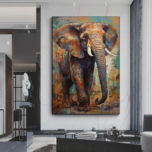 Cartel de arte de pared de elefante multicolor abstracto, arte de pared de graffiti de elefante, decoración de elefante colorido