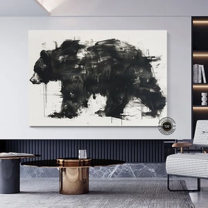 Large Abstract Black Bear Canvas Wall Art, Bear Print on Canvas, Modern Animal Painting for Living Room Bedroom