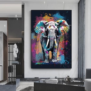 Abstract multicolored elephant wall art poster, elephant graffiti wall art, colorful elephant decor