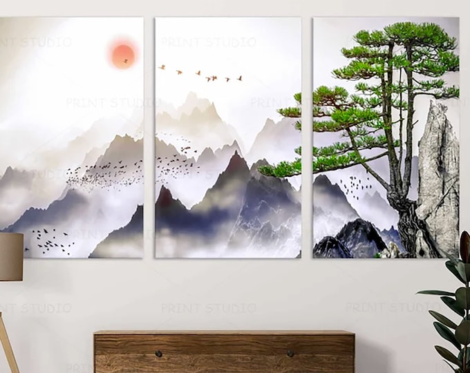 Japanese wall art Mountain print art Asian wall decor Reproduction watercolor mountains Minimalist landscape Asian large canvas art