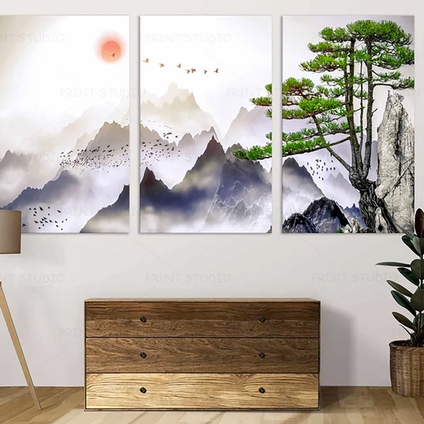 Japanese wall art Mountain print art Asian wall decor Reproduction watercolor mountains Minimalist landscape Asian large canvas art