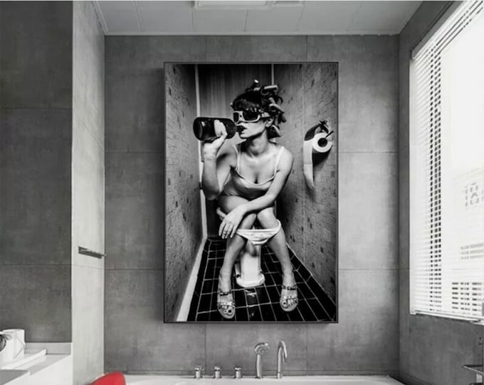 Girl Drinking In Toilet, Sexy Girl Art, Woman Wall Decor, Bathroom Drink Canvas Art, Modern Printed, Vogue Printed, Abstract Canvas Art,