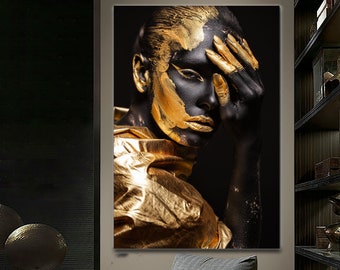 African Woman Canvas Print, Gold Paint, Ethnic Wall Art