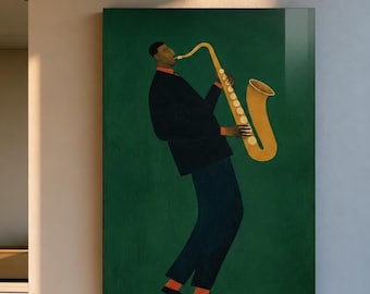 Jazz Saxophone Glass Wall Art, Green Music Wall Decor, Saxophonist Art Print, Framedless Glass Art, Jazz Lover Gift, Modern Wall Decor