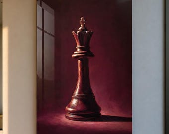 Chess King Glass Wall Art, Burgundy Chess Decor, Luxury Game Room Wall Art, Chess Lover Gift, Modern Frameless Glass Wall Decor