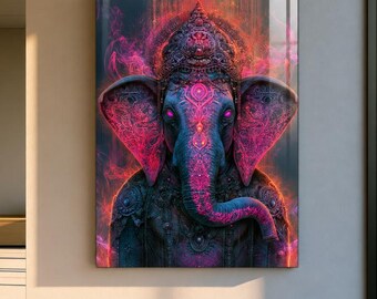Neon Ganesha Glass Wall Art, Colorful Elephant Wall Decor, Hindu Inspired Spiritual Art, Luxury Modern Glass Print, Meditation Room Decor