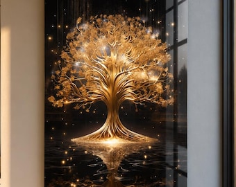 Golden Tree of Life Glass Wall Art, Black and Gold Wall Decor, Luxury Tree Artwork, Modern Living Room Decor, Framedless Glass Art