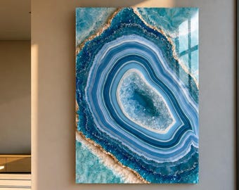 Blue Abstract Glass Wall Art, Navy Fluid Art Decor, Luxury Frameless Wall Art, Modern Blue Marble Artwork, Contemporary Home Decor