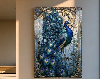 Peacock Glass Wall Art, Blue Peacock Wall Decor, Stained Glass Style Art, Luxury Bird Wall Art, Art Nouveau Decor, Tempered Glass Print