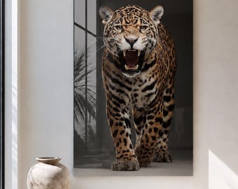 Jaguar glazen wanddecoratie, brullende grote kat wanddecoratie, frameloos kunstwerk met wilde dieren, moderne luxe dieren wanddecoratie