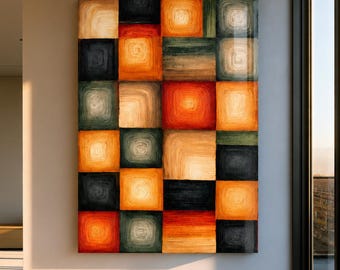 Abstract Geometric Glass Wall Art, Orange Green Black Modern Wall Decor, Mid Century Inspired Art, Colorful Square Wall Art