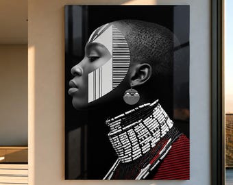 African Woman Glass Wall Art, Black and White Tribal Portrait, Afrocentric Wall Decor, Modern African Art, Luxury Glass Wall Decor