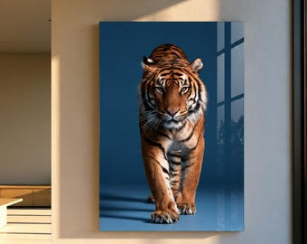 Tiger Glass Wall Art, Bengal Tiger Wall Decor, Frameless Glass Print, Blue Wildlife Artwork, Luxury Modern Animal Wall Art