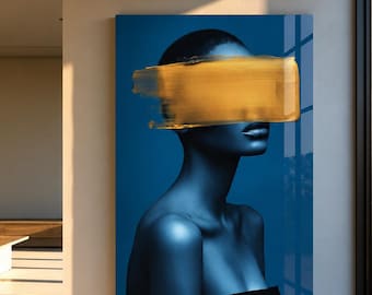 Blue Woman Glass Wall Art, Gold Brushstroke Portrait, Modern Luxury Wall Decor, Frameless Glass Art, Contemporary Woman Wall Art