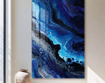 Abstracte wanddecoratie van blauw glas, marineblauwe vloeibare kunstdecoratie, luxe frameloze wanddecoratie, modern kunstwerk van blauw marmer, eigentijdse woondecoratie