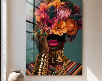 Glazen wanddecoratie met Afrikaanse vrouw en bloemen, kleurrijk tropisch portret, glasprint, moderne Afro-chique wanddecoratie, luxe statement kunstwerk