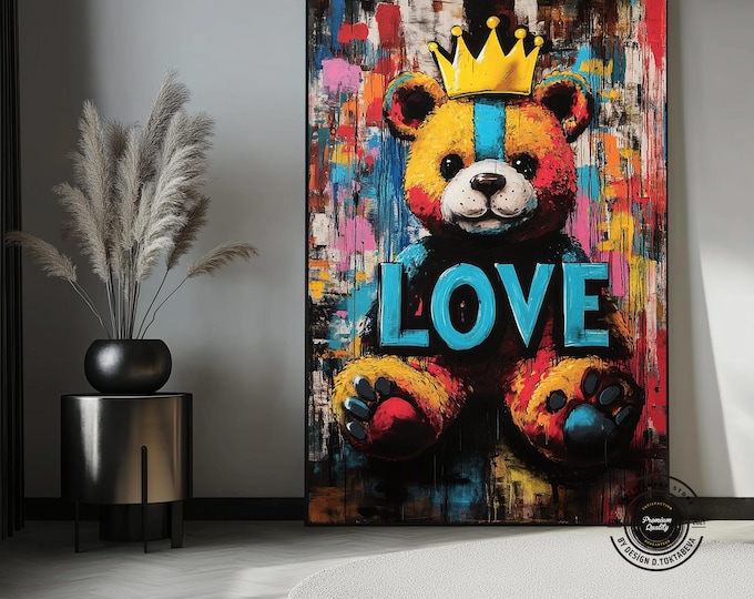 Crowned Teddy Bear Love Colorful Graffiti Style Canvas Art