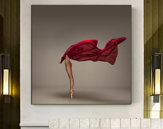 Dancing Red Ballerina Wall Art Canvas, Woman Figurative Dancer Print, Classical Ballet, Modern Dance