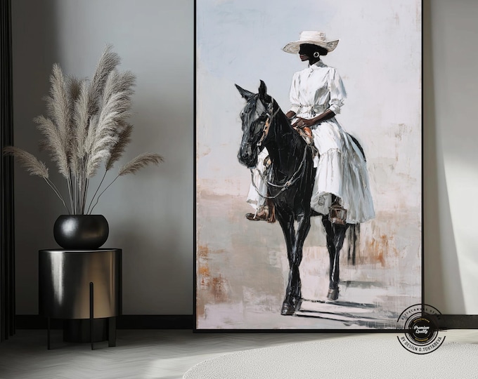 Minimal canvas painting of an African woman in a white dress and hat, riding a black horse.