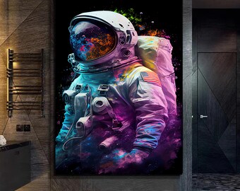 カラフルな宇宙飛行士の絵画 – 抽象的な宇宙アート、プリント