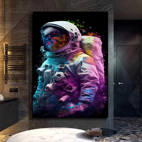 カラフルな宇宙飛行士の絵画 – 抽象的な宇宙アート、プリント