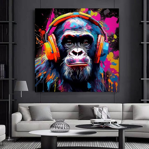 Abstract Graffiti Monkey Canvas Art, Colorful Chimp With