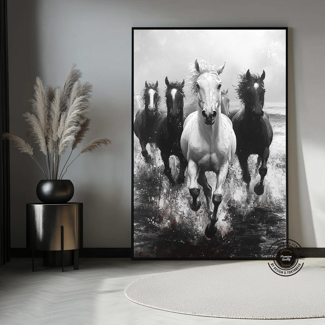 Galloping Horses Canvas Wall Art, Black and White Equine Print, Ready ...
