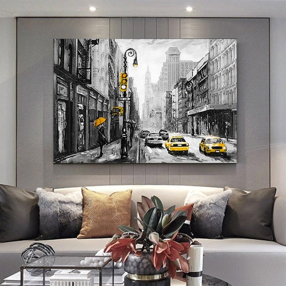 Yellow Taxi New York Cityscape Canvas Art Print, Living Room Decor