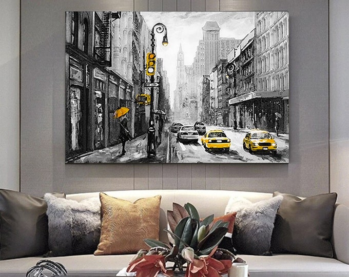 Yellow Taxi Abstract Landscape Posters and Prints Wall Art Oil Painting on Canvas New York and Paris City View Picture for Living Room Decor